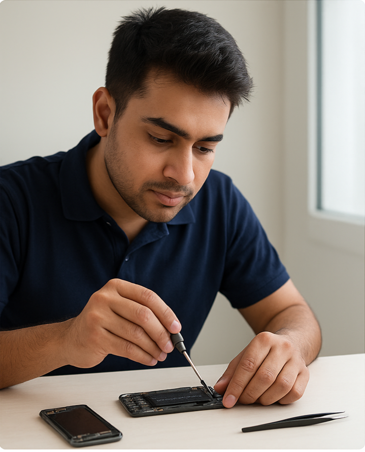 Technician repairing mobile phone